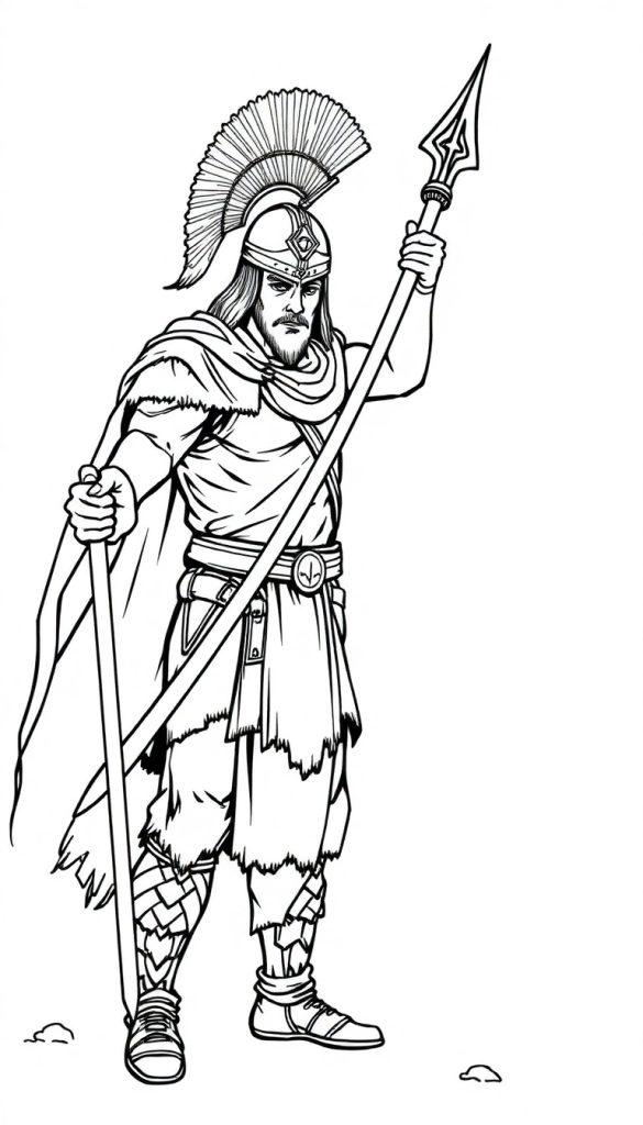 Schwarz-Weiß-Ausmalseite eines antiken Kriegers mit Vollbart, Helm und zwei Speeren.