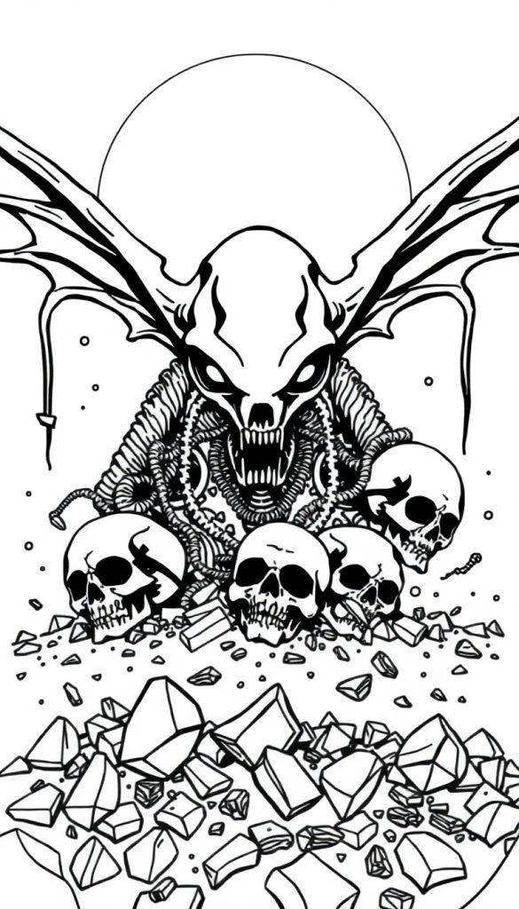 Schwarz-weiße Ausmalbild-Strichzeichnung einer düsteren Fantasie-Kreatur mit schädelartigem Kopf, spitzen Hörnern, großen Flügeln und einem Körper aus Tentakeln, sitzend über menschlichen Schädeln und Trümmern unter einem Kreis, der einen Mond oder eine Sonne darstellt.