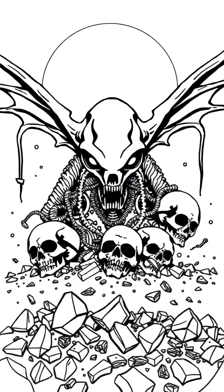 Schwarz-weiße Ausmalbild-Strichzeichnung einer düsteren Fantasie-Kreatur mit schädelartigem Kopf, spitzen Hörnern, großen Flügeln und einem Körper aus Tentakeln, sitzend über menschlichen Schädeln und Trümmern unter einem Kreis, der einen Mond oder eine Sonne darstellt.
