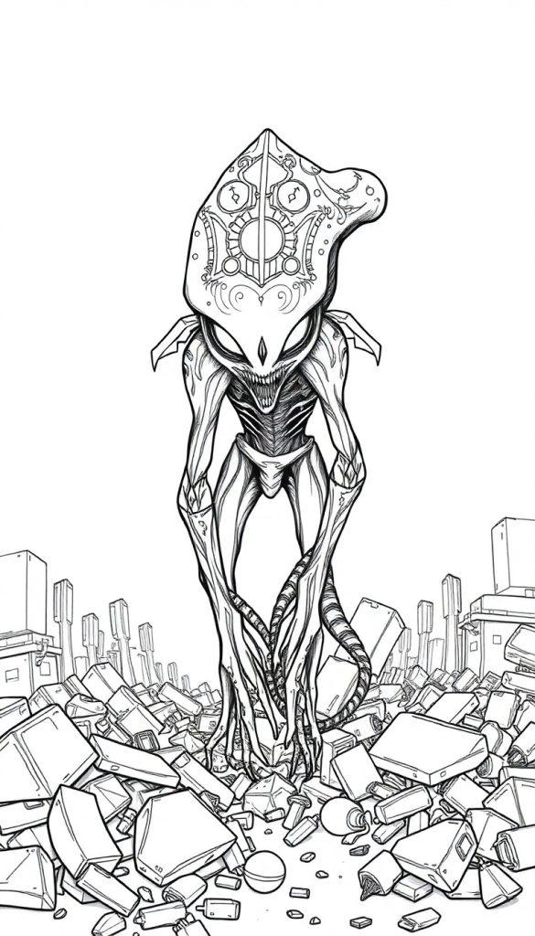 Schwarz-Weiß-Ausmalbild einer außerirdischen Kreatur mit helmähnlichem Kopf, leuchtenden Augen und gezackten Zähnen, stehend in einem Haufen von Elektronikschrott vor Ruinen einer Stadt.