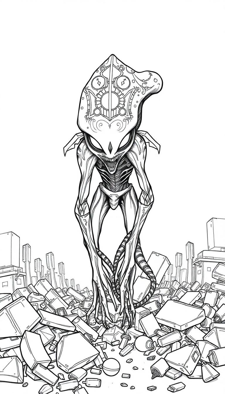 Schwarz-Weiß-Ausmalbild einer außerirdischen Kreatur mit helmähnlichem Kopf, leuchtenden Augen und gezackten Zähnen, stehend in einem Haufen von Elektronikschrott vor Ruinen einer Stadt.