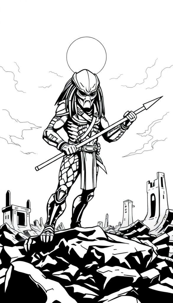 Schwarz-Weiß-Ausmalbild eines muskulösen außerirdischen Kriegers, der an einen Predator erinnert. Er trägt eine Maske, Dreadlocks und futuristische Rüstung. Er steht auf felsigem Boden und hält einen Speer. Im Hintergrund sind außerirdische Ruinen zu sehen.