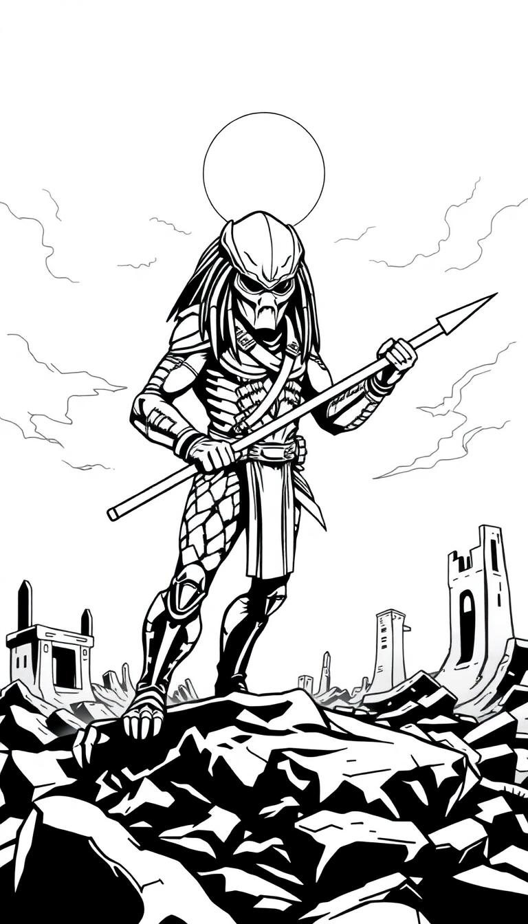 Schwarz-Weiß-Ausmalbild eines muskulösen außerirdischen Kriegers, der an einen Predator erinnert. Er trägt eine Maske, Dreadlocks und futuristische Rüstung. Er steht auf felsigem Boden und hält einen Speer. Im Hintergrund sind außerirdische Ruinen zu sehen.