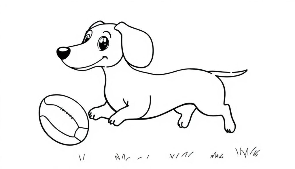 Ausmalbild: Fröhlicher Dackel mit Schlappohren und einem ovalen Ball vor sich auf grünem Untergrund, Schwarz-Weiß-Strichzeichnung.