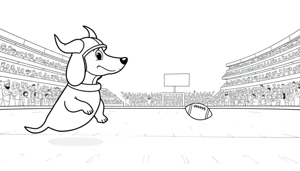 Ausmalbild eines niedlichen Hundes mit Hörnerhelm, der neben einem Football im Footballstadion sitzt.