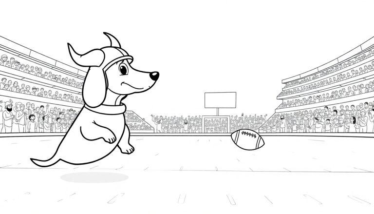 Ausmalbild eines niedlichen Hundes mit Hörnerhelm, der neben einem Football im Footballstadion sitzt.