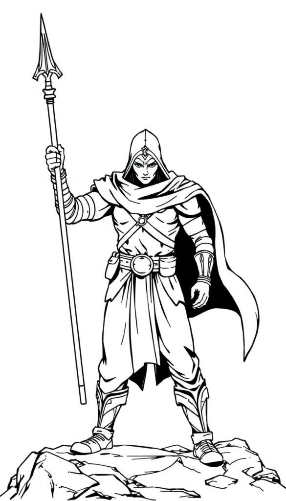 Schwarz-Weiß-Strichzeichnung einer geheimnisvollen Kriegerfigur mit Kapuze, Rüstung und Speer, die auf felsigem Untergrund steht.