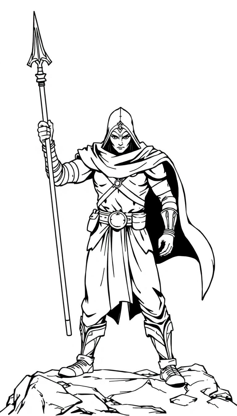 Schwarz-Weiß-Strichzeichnung einer geheimnisvollen Kriegerfigur mit Kapuze, Rüstung und Speer, die auf felsigem Untergrund steht.
