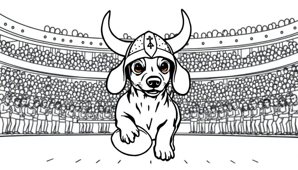 Ausmalbild: Kleiner Hund im Wikingerhelm mit Football im Stadion, umgeben von Zuschauern.