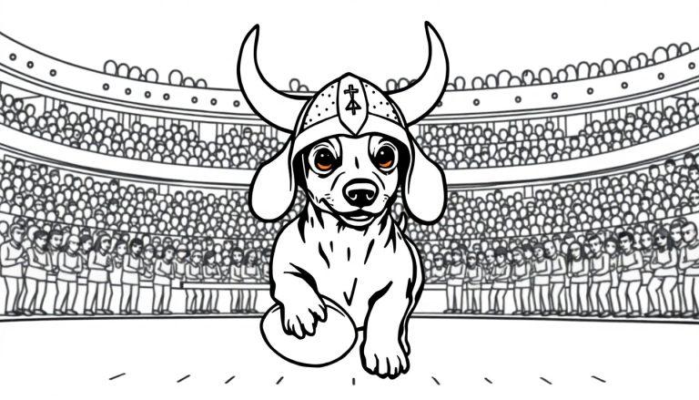 Ausmalbild: Kleiner Hund im Wikingerhelm mit Football im Stadion, umgeben von Zuschauern.