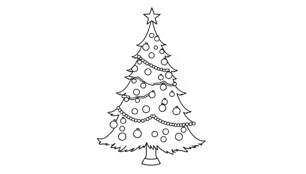 Ausmalbild eines stilisierten Weihnachtsbaums mit Sternspitze, runden Kugeln und Girlanden, auf einem Ständer, Schwarz-Weiß-Linienzeichnung für Kinder und Erwachsene.