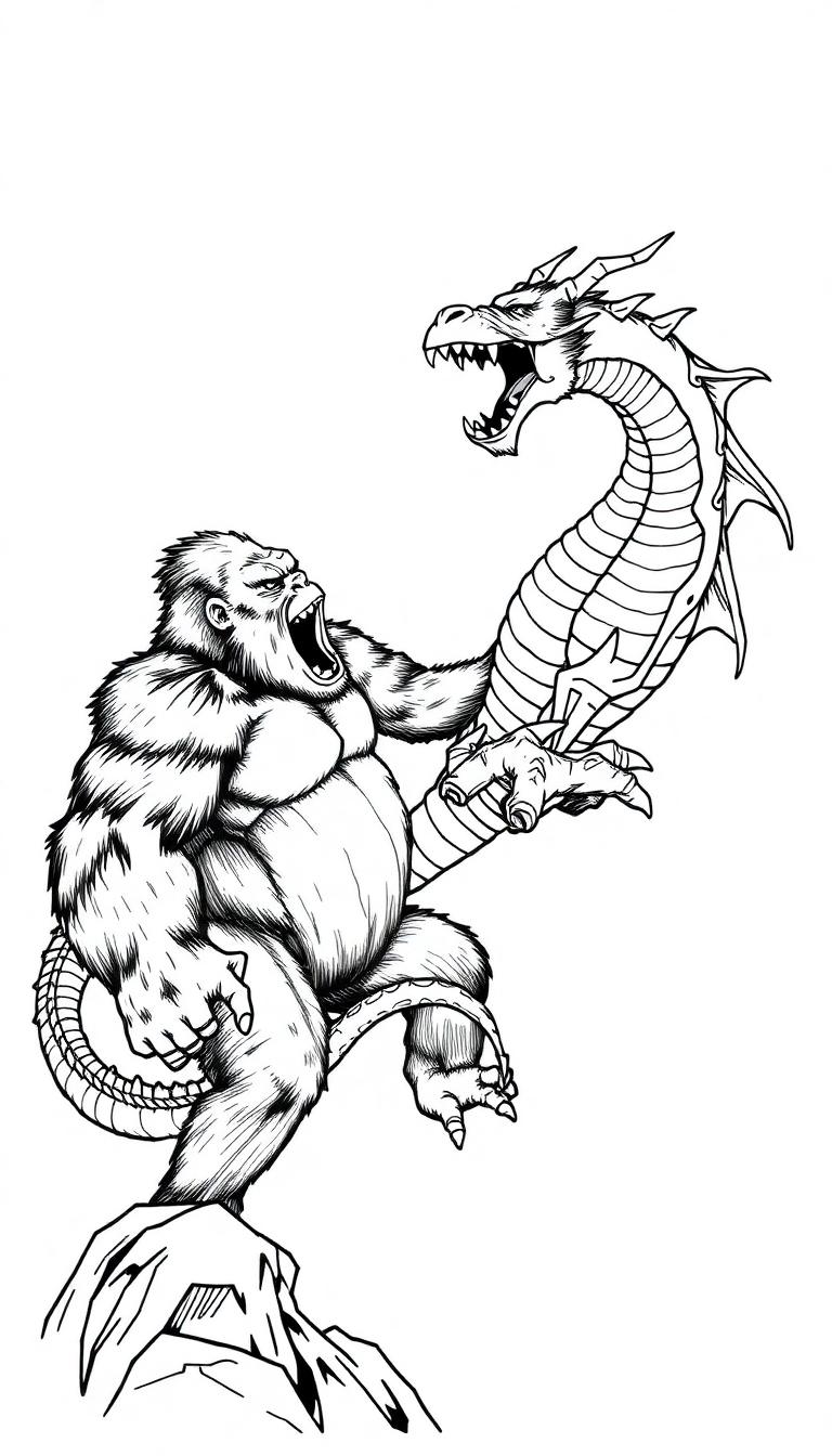 Schwarz-Weiß-Ausmalseite eines großen Gorillas, der einen Drachen im Griff hat und brüllt, während der Drache sich windet.