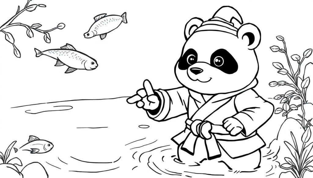 Ausmalbild eines freundlichen Pandas in traditioneller Kleidung, der am Ufer steht und auf Fische in einem Fluss oder Teich zeigt. Mehrere Fische sind zu sehen, einige springen aus dem Wasser.