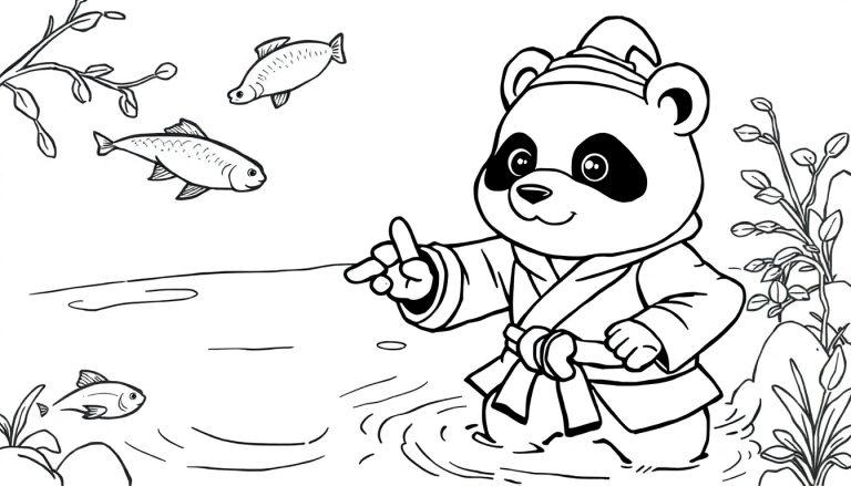 Ausmalbild eines freundlichen Pandas in traditioneller Kleidung, der am Ufer steht und auf Fische in einem Fluss oder Teich zeigt. Mehrere Fische sind zu sehen, einige springen aus dem Wasser.