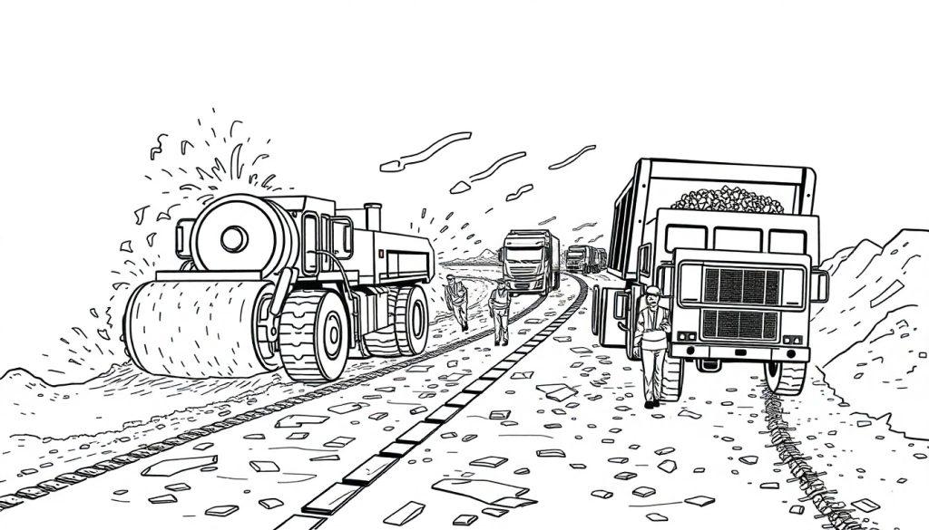 Schwarz-Weiß-Ausmalbild einer Baustelle mit Straßenwalze, Muldenkipper, Arbeitern und Staub.