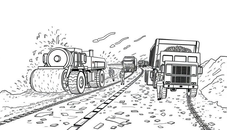 Schwarz-Weiß-Ausmalbild einer Baustelle mit Straßenwalze, Muldenkipper, Arbeitern und Staub.