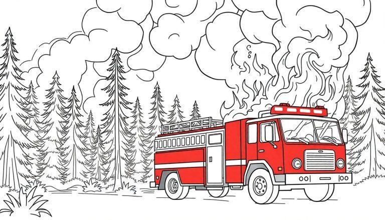 Schwarz-Weiß-Ausmalvorlage eines roten Feuerwehrautos, das vor einem brennenden Wald mit hohen Flammen und Rauchwolken steht.