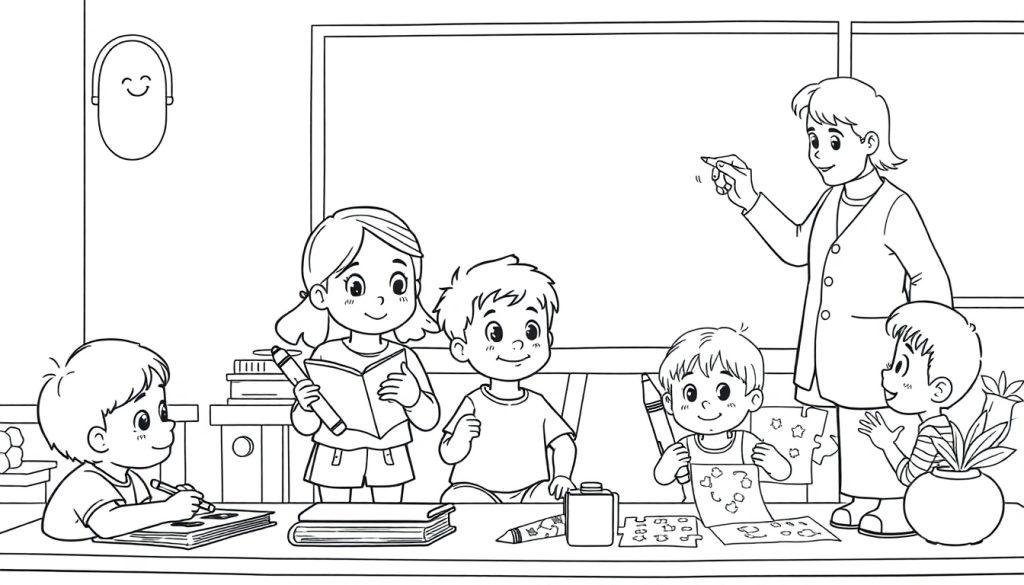 Schwarz-weiß Ausmalbild einer Lehrerin, die auf eine Tafel zeigt, und fünf Kinder, die an einem Tisch malen, lesen, basteln und lernen in einem Klassenzimmer.