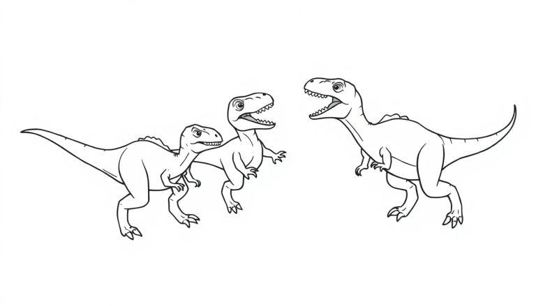 Schwarz-Weiß-Ausmalbild von drei Dinosauriern: Ein großer Dinosaurier mit weit aufgerissenem Maul steht drei kleinen Dinosauriern gegenüber, von denen einer ebenfalls laut brüllt.