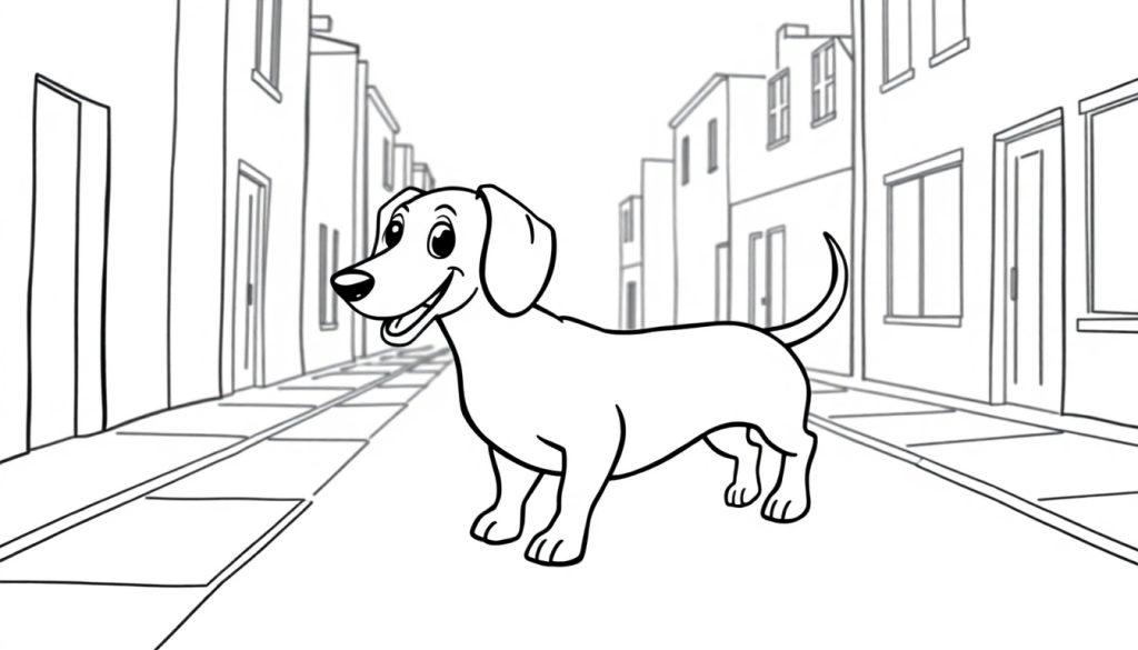 Malvorlage eines freundlichen Hundes mit Schlappohren und einem Lächeln, der auf einer Straße vor Häusern steht.