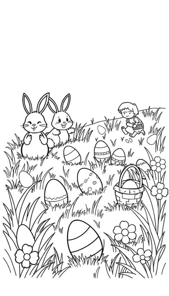 Ausmalbild einer Osterszene mit zwei lächelnden Hasen, einem spielenden Kind, das nach Ostereiern sucht, und einem Korb voller bunter Ostereier auf einer blumengeschmückten Wiese.