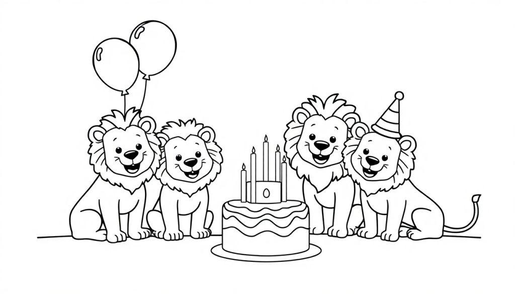 Schwarz-Weiß-Ausmalbild von vier niedlichen Löwen, die zusammen eine Geburtstagsfeier feiern, mit Ballons, einem Geburtstagskuchen mit Kerzen und einem Partyhut.