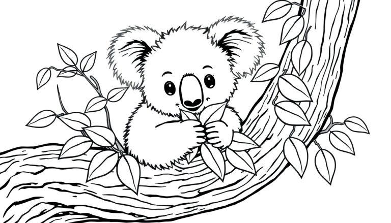 Ausmalbild eines niedlichen Koalas mit großen Ohren und Augen, der auf einem Ast sitzt und Eukalyptusblätter hält.