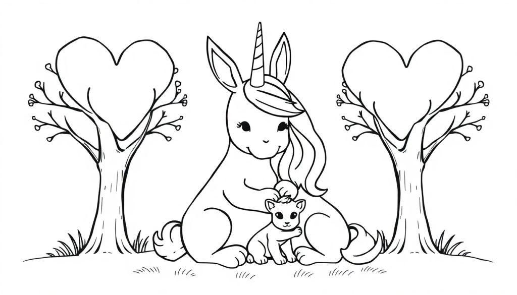Schwarz-Weiß-Zeichnung einer Ausmalseite mit einem sitzenden Einhorn, das ein Kätzchen hält, flankiert von Bäumen mit herzförmigen Ästen.