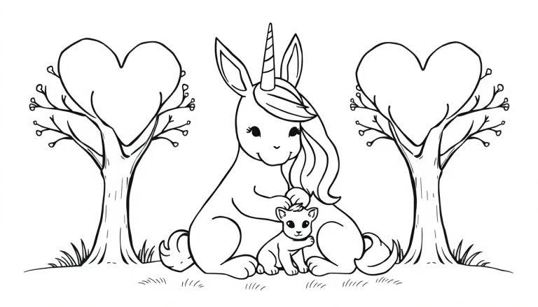 Schwarz-Weiß-Zeichnung einer Ausmalseite mit einem sitzenden Einhorn, das ein Kätzchen hält, flankiert von Bäumen mit herzförmigen Ästen.