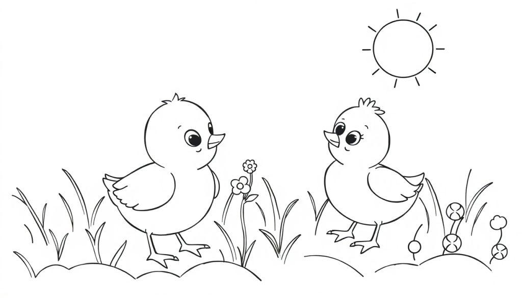 Schwarz-Weiß-Ausmalbild von zwei süßen Küken auf grünen Hügeln mit Blumen und einer Sonne im Hintergrund.