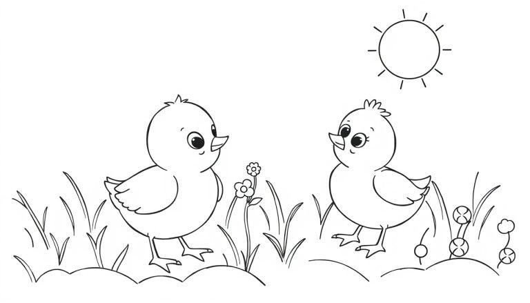Schwarz-Weiß-Ausmalbild von zwei süßen Küken auf grünen Hügeln mit Blumen und einer Sonne im Hintergrund.