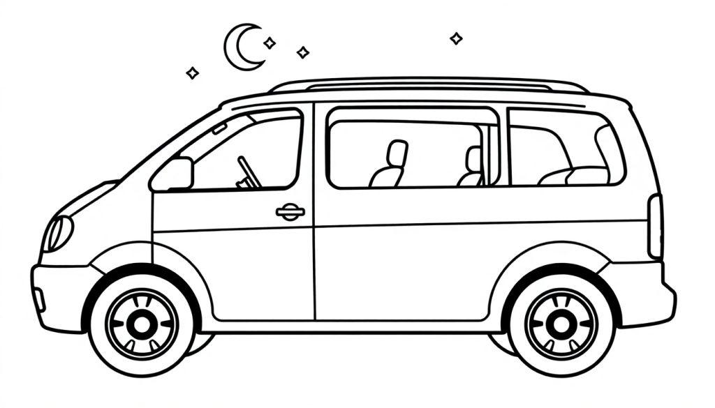 Strichzeichnung eines Minivans im nächtlichen Himmel, bereit zum Ausmalen