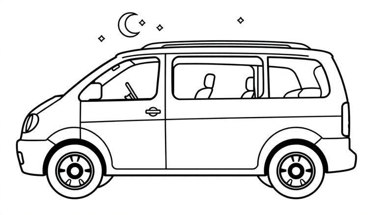 Strichzeichnung eines Minivans im nächtlichen Himmel, bereit zum Ausmalen
