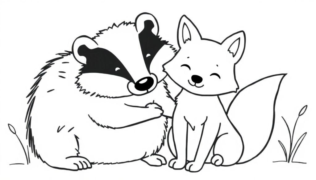 Ausmalbild eines freundlichen Dachses, der seine Pfote auf den Rücken eines glücklich lächelnden Fuchses legt. Beide Tiere sitzen inmitten von angedeuteten Grashalmen. Einfache Linienzeichnung zum Ausmalen.