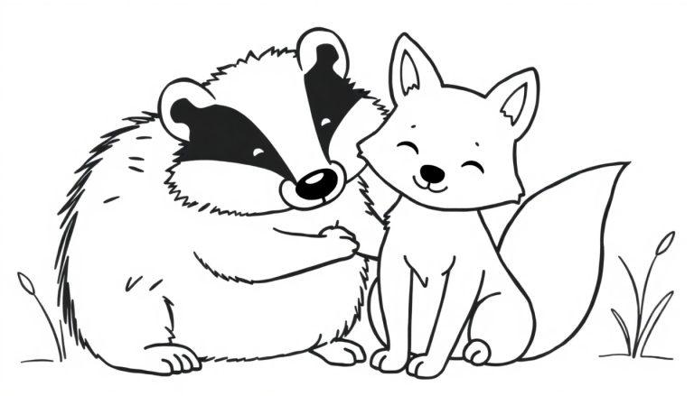 Ausmalbild eines freundlichen Dachses, der seine Pfote auf den Rücken eines glücklich lächelnden Fuchses legt. Beide Tiere sitzen inmitten von angedeuteten Grashalmen. Einfache Linienzeichnung zum Ausmalen.
