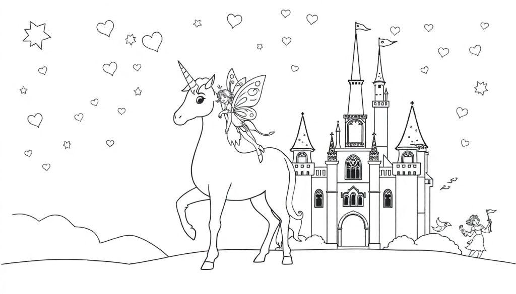 Ausmalbild einer magischen Szene mit einem Einhorn, einer Fee, einem Märchenschloss und einem Mädchen mit Fahne im Himmel voller Herzen und Sterne.