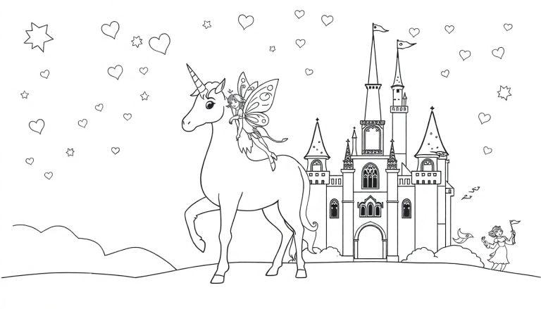 Ausmalbild einer magischen Szene mit einem Einhorn, einer Fee, einem Märchenschloss und einem Mädchen mit Fahne im Himmel voller Herzen und Sterne.