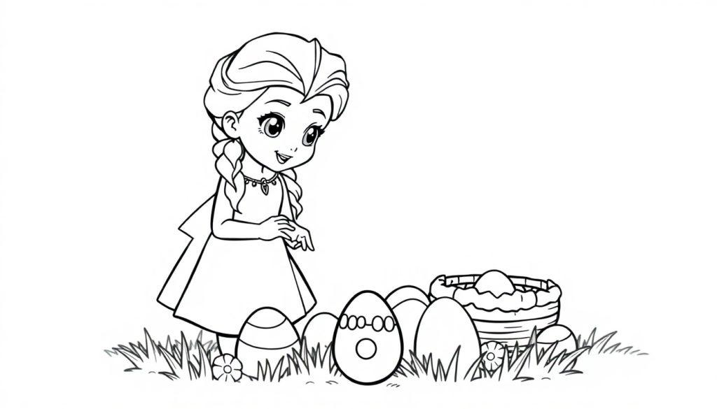 Schwarz-Weiß-Malvorlage: junges Mädchen, das Elsa aus Die Eiskönigin ähnelt, beugt sich über bunte Ostereier, die auf einer Graswiese mit Blumen verstreut sind. Ein Weidenkorb mit einem Ei steht daneben.