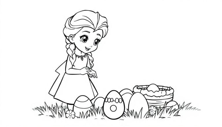 Schwarz-Weiß-Malvorlage: junges Mädchen, das Elsa aus Die Eiskönigin ähnelt, beugt sich über bunte Ostereier, die auf einer Graswiese mit Blumen verstreut sind. Ein Weidenkorb mit einem Ei steht daneben.