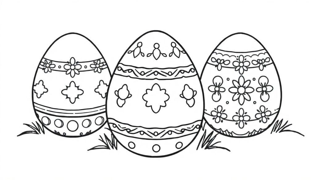 Schwarz-Weiß-Ausmalbild mit drei unterschiedlich verzierten Ostereiern auf einer Wiese, umgeben von Grashalmen.