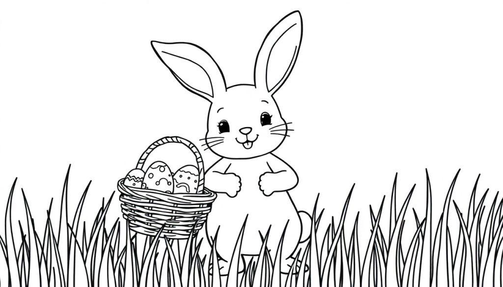 Malvorlage eines süßen Hasen mit langen Ohren, der im hohen Gras steht und neben einem Korb mit Ostereiern sitzt. Die Zunge des Hasen ist leicht herausgestreckt.
