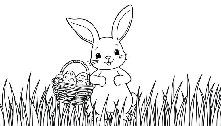 Malvorlage eines süßen Hasen mit langen Ohren, der im hohen Gras steht und neben einem Korb mit Ostereiern sitzt. Die Zunge des Hasen ist leicht herausgestreckt.