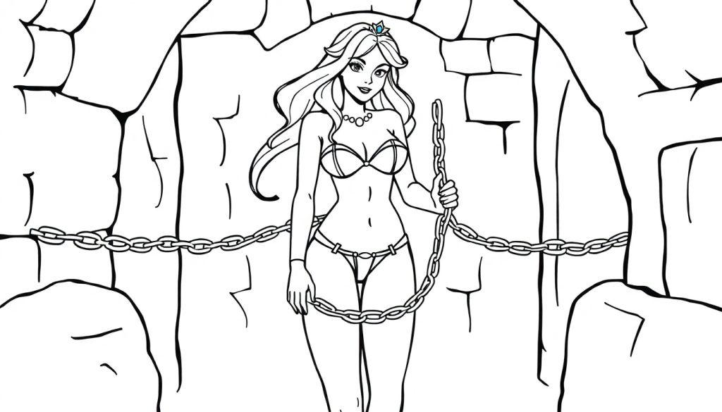 Malvorlage einer jungen Frau mit Krone und Bikini, die eine Kette in einem Steinverlies hält.