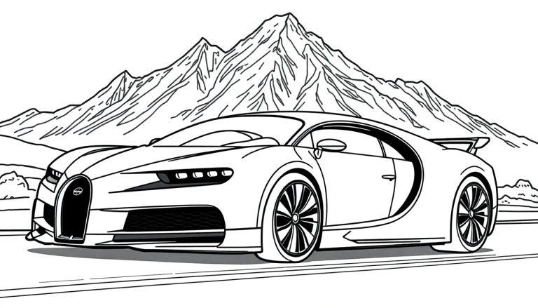 Schwarz-weiß Umrisszeichnung eines modernen Sportwagens, ähnlich einem Bugatti Chiron, auf einer Straße mit Berglandschaft im Hintergrund.