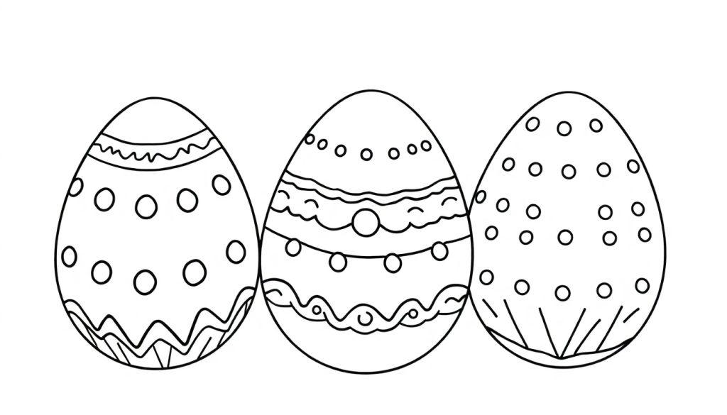 Drei bemalte Ostereier in Schwarz-Weiß-Strichzeichnung mit detaillierten Mustern, ideal zum Ausmalen.