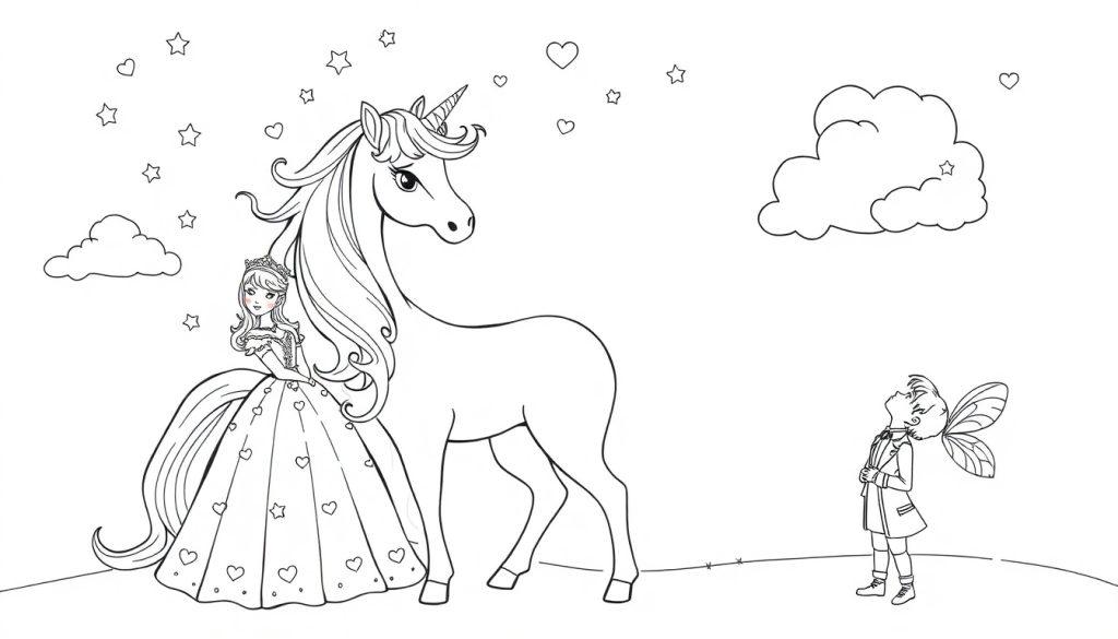 Ausmalvorlage mit einer Prinzessin, einem Einhorn und einem geflügelten Jungen im Sternenhimmel.