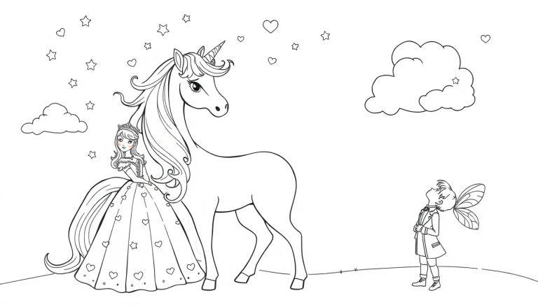 Ausmalvorlage mit einer Prinzessin, einem Einhorn und einem geflügelten Jungen im Sternenhimmel.