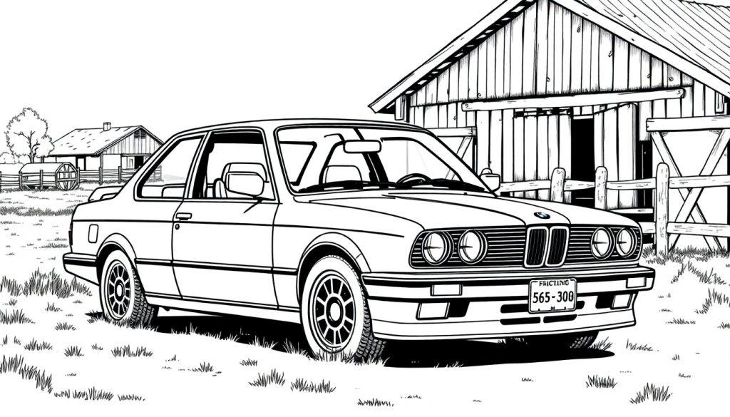 Schwarz-Weiß-Ausmalseite eines klassischen BMW E30 Coupé mit Doppelscheinwerfern und Nierengrill, geparkt auf einer Wiese vor einem Holzhaus und einer Scheune im ländlichen Hintergrund.
