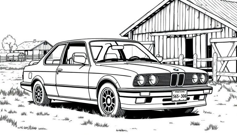 Schwarz-Weiß-Ausmalseite eines klassischen BMW E30 Coupé mit Doppelscheinwerfern und Nierengrill, geparkt auf einer Wiese vor einem Holzhaus und einer Scheune im ländlichen Hintergrund.