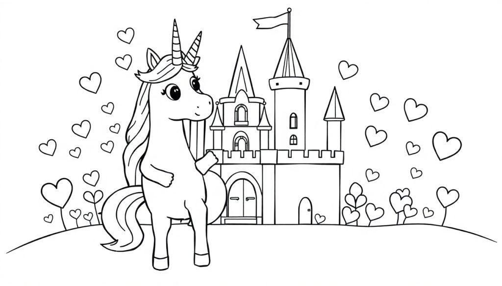 Ausmalbild eines niedlichen Einhorns mit Krone und einem märchenhaften Schloss im Hintergrund, umgeben von Herzen.